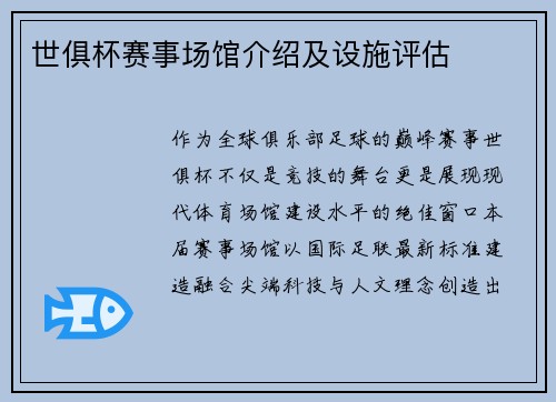 世俱杯赛事场馆介绍及设施评估