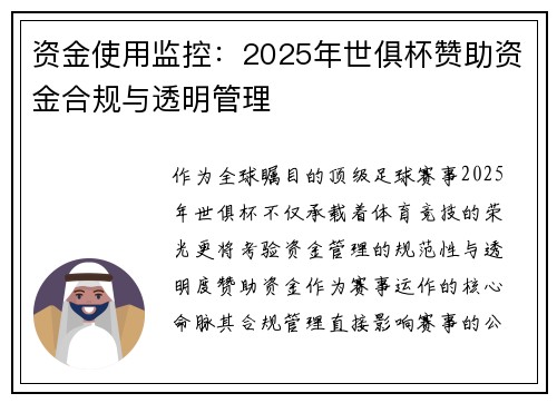 资金使用监控:2025年世俱杯赞助资金合规与透明管理