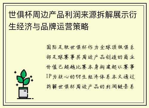 世俱杯周边产品利润来源拆解展示衍生经济与品牌运营策略