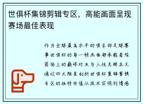 世俱杯集锦剪辑专区,高能画面呈现赛场最佳表现